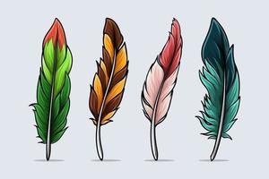 Set of hand drawn realistic and colorful Bird feathers with shadows and lights isolated on white background vector