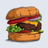 Hand drawn of delicious hamburger with cheese beef tomato onion and lettuce vector