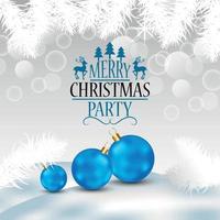 Tarjeta de felicitación de invitación de feliz Navidad con bolas de nieve de vector y bolas de fiesta