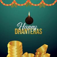 festival indio feliz celebración dhanteras tarjeta de felicitación con moneda de oro vector