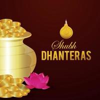 tarjeta de felicitación de celebración de shubh dhanteras con olla de monedas de oro vector