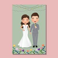 tarjeta de invitación de boda la novia y el novio linda pareja personaje de dibujos animados ilustración vectorial. vector