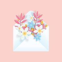 Sobre 3d con flores sobre fondo rosa. arte colorido del papel 3d de la primavera. diseño de pancarta, póster. vector