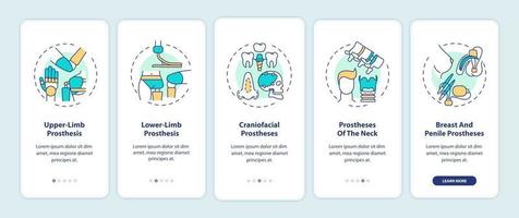 Prostheses types onboarding mobile app page screen with concepts vector