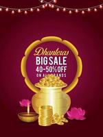 Dhanteras sale greeting card and banner with lotus flower and gold coin with Kalash vector