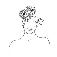 Woman Face and body and flowers continuous Line art. Abstract Contemporary collage of geometric shapes in a modern trendy style. Vector Portrait of a female. For Beauty Concept, t-Shirt Print, postcard