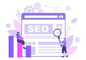 SEO Optimization Vector Illustration To Search Engine, App Development, Web Pages and Bookmarks. Landing Page or Banner Template