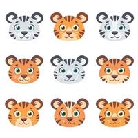 Cute tigers faces. Striped tigers set. Vector illustration
