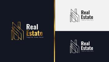 Gold Real Estate Logo with Line Style. Construction, Architecture or Building Logo Design Template vector