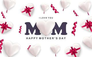 Happy mothers day greeting card white hearts with red ribbon bows and falling confetti vector