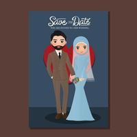 Wedding invitation card the bride and groom muslim couple cartoon holding hands vector