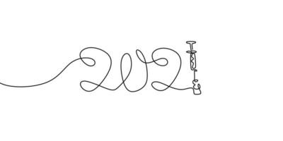 2021 New Year handwritten lettering with vaccine and injection symbol. Continuous line drawing text for greeting card design. vector