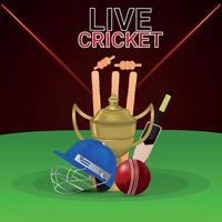 Live cricket tounament match with cricketer halmet, Gold trophy, bat and wickets vector