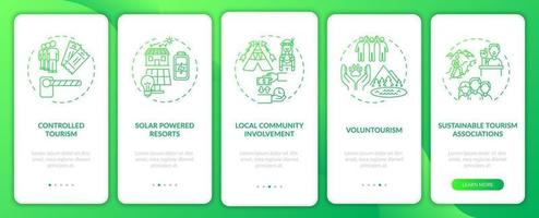 Best sustainable tourism practices onboarding app page screen with concepts vector