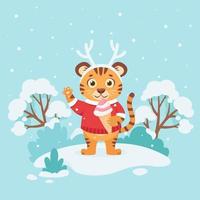 Cute tiger in a sweater with ice cream wishes a Merry Christmas and Happy New Year 2022 on winter background. Year of the tiger. Vector illustration