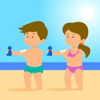 niños aplicando protector solar en la playa. vector