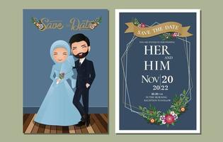 tarjeta de invitación de boda la novia y el novio pareja musulmana abrazo de dibujos animados vector