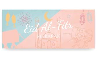 Eid Al Fitr mubarak, hand painted in pastel colors. doodle style. Horizontal poster, greeting card, header for website vector