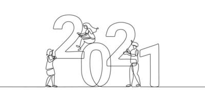 Continuous one line drawing of a 2021 new year text. Chinese New year of the bull handwritten 2021 lettering with man and woman. Celebration New Year concept isolated on white background. vector