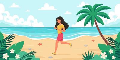 Leisure time on beach. Woman jogging. Summer time. Vector illustration