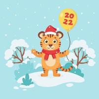 Cute tiger in a scarf with a balloon wishes a Merry Christmas and Happy New Year 2022 on winter background. Year of the tiger. Vector illustration