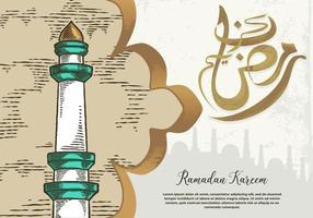 tarjeta de felicitación de ramadan kareem con torre de mezquita blanca verde vector