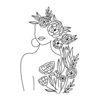 Woman Face and body and flowers continuous Line art. Abstract Contemporary collage of geometric shapes in a modern trendy style. Vector Portrait of a female. For Beauty Concept, t-Shirt Print, postcard