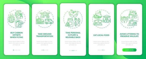 Sustainable tour tips onboarding mobile app page screen with concepts vector