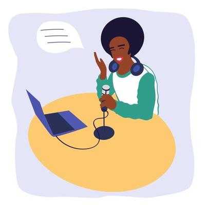 A black male podcaster records a podcast. African-American radio host broadcasting