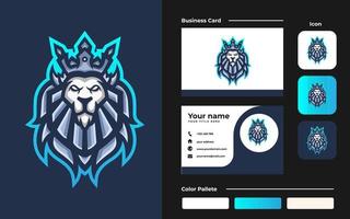 logotipo de la mascota del juego lion king esport y plantilla de tarjeta de visita para el equipo de streamer