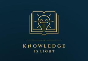 Linear golden book with light bulb depicted over Knowledge Is Light inscription vector