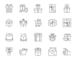 Collection of line art vector elements of different types of present boxes and gifts