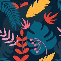 Tropical plants on a dark blue background. Vector seamless pattern in flat style