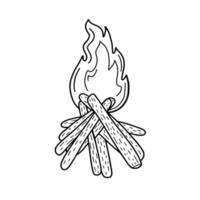 fuego con madera al estilo de doodle. fuego ardiente en el estilo de la ilustración común del vector del doodle