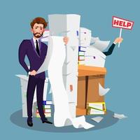 Businessman in pile of office papers and documents with help sign. Overwork. Cartoon style. vector