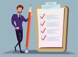 Businessman holding pencil at big complete checklist with tick marks. Business organization and achievements of goals vector concept. Check list with tick mark, businessman with questionnaire