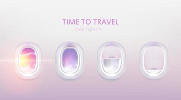 Airplane window set. Plane portholes for banner. Realistic illuminator. View from jet. Porthole shutter, curtain positions. Travel sign. Vector illustration.