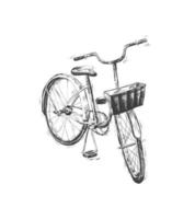 Vector hand drawn illustration of city bicycle in ink hand drawn style. Bike with step-through frame, pannier rack and front wicker basket.