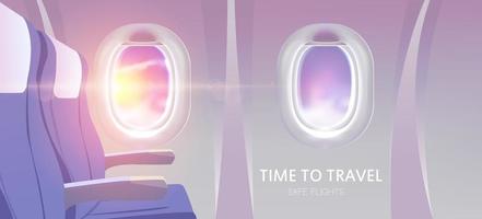 Time to travel. View from airplane advertising services design website for travelling. Vector illustration.