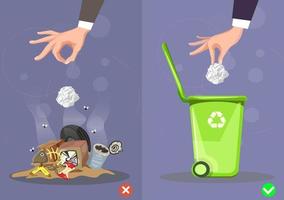 Do not throw littering butts on the floor,wrong and right. Vector illustration.