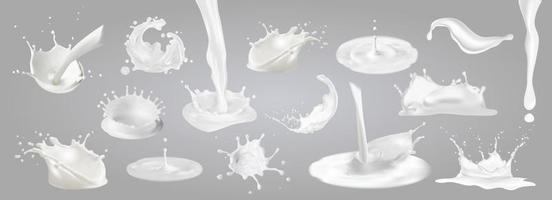 salpicaduras de leche, gotas y borrones. vector