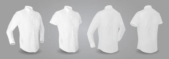 Camisa de hombre blanca con mangas largas y cortas y botones en la vista frontal, trasera y lateral, aislada sobre fondo gris. 3d ilustración vectorial realista, patrón de camisa formal o informal vector