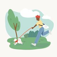 A man taking a walk with his dog in the park. flat design style minimal vector illustration.