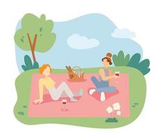 Two girls are having a picnic in the park vector