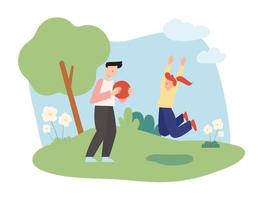 Dad and daughter are having fun playing ball in the park vector