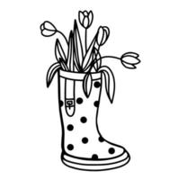 Flowers in rubber boots. Rubber boot with flowers. Vector illustration of spring flowers in a garden Shoe. Doodle style.