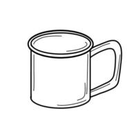 taza para senderismo, taza de metal para hacer té.Equipo turístico para acampar.ilustración vectorial, estilo doodle vector