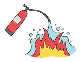 Cartoon vector illustration of fire extinguisher and fire extinguishing.