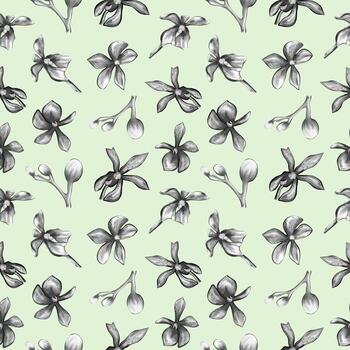 Seamless pattern of orchids on a green background. Floral pattern in pastel colors. Pattern with Orchid flowers for the design of postcards, paper, textiles. Botanical vector illustration