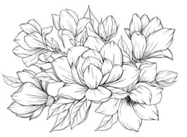 Coloring page with magnolia and leaves. Vector page for coloring. Flower Colouring page. Outline magnolia . Black and white page for coloring book. Anti-stress coloring. Line art flowers
